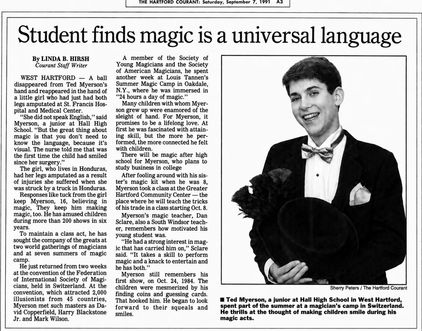 Hartford Courant article from September 7, 1991: 'Student finds magic is a universal language'